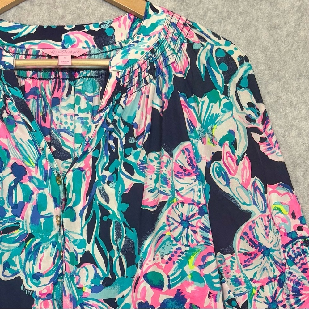Lilly Pulitzer Elsa Abstract Floral Print Silk Blouse-Pink/Blue-Women Small